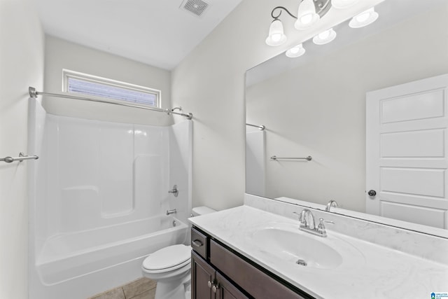 bathroom with vanity, shower / bathing tub combination, toilet, visible vents, and tile patterned flooring