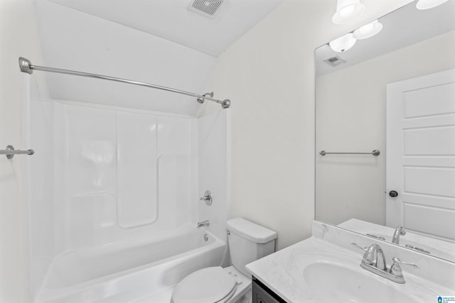 bathroom featuring toilet, shower / tub combination, visible vents, and vanity