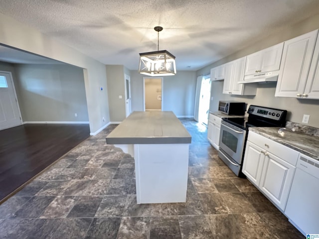 kitchen with a center island, baseboards, under cabinet range hood, appliances with stainless steel finishes, and white cabinetry