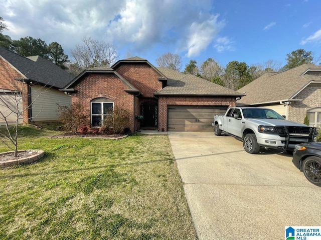 ranch-style home featuring brick siding, concrete driveway, a front yard, roof with shingles, and an attached garage