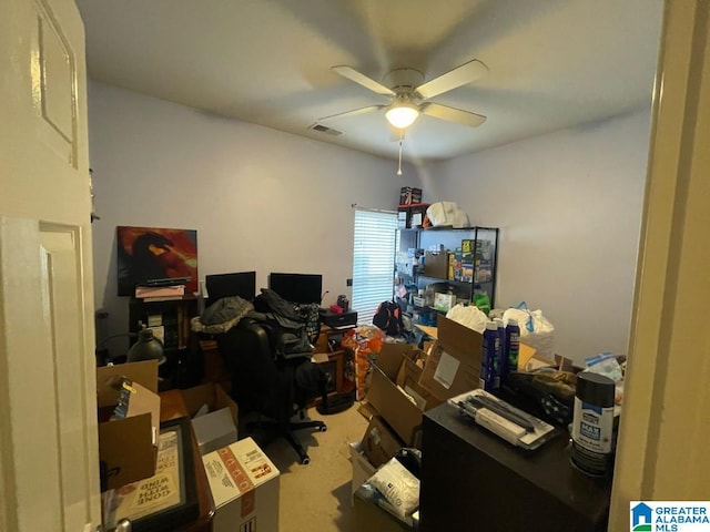 office featuring visible vents and ceiling fan
