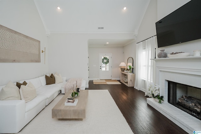 2167 Springfield Dr, Chelsea, AL 35043 - living area with high vaulted ceiling, crown molding, wood finished floors, a brick fireplace, and baseboards