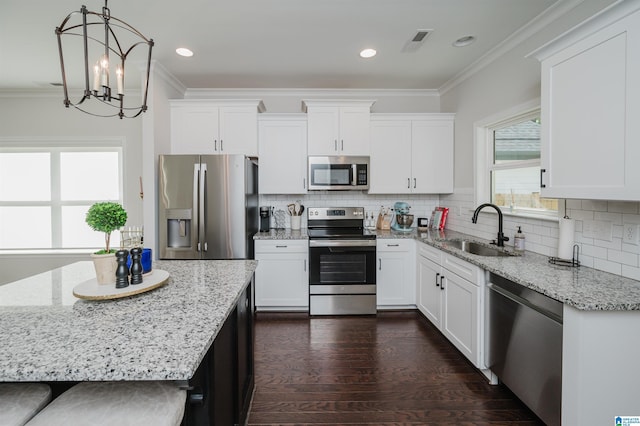 2167 Springfield Dr, Chelsea, AL 35043 - kitchen featuring a sink, visible vents, ornamental molding, and appliances with stainless steel finishes