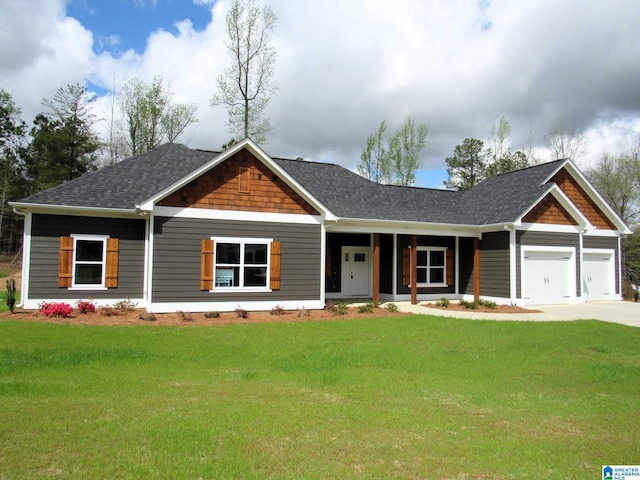 craftsman house with a front lawn, a porch, a garage, and driveway