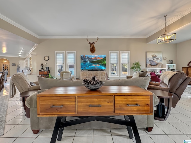 385 Rouse Rd, Sumiton, AL 35148 - dining space featuring light tile patterned floors, a chandelier, and ornamental molding