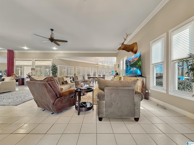 385 Rouse Rd, Sumiton, AL 35148 - living area with light tile patterned flooring, baseboards, crown molding, and a ceiling fan