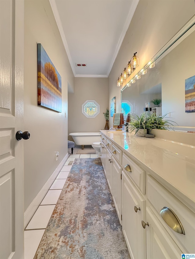 385 Rouse Rd, Sumiton, AL 35148 - bathroom with crown molding, tile patterned flooring, baseboards, a freestanding bath, and vanity