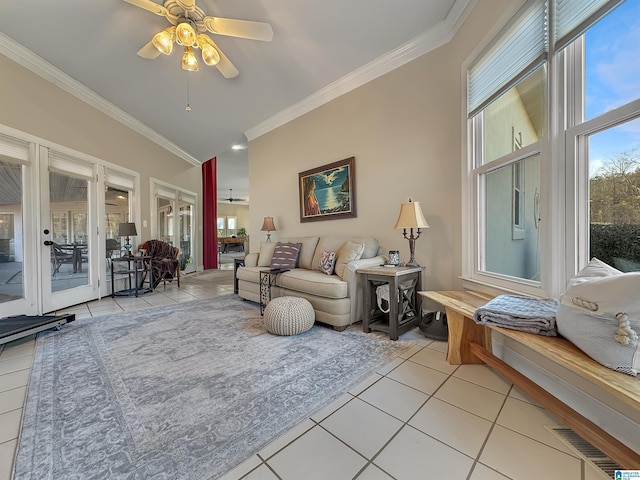 385 Rouse Rd, Sumiton, AL 35148 - living room featuring crown molding, light tile patterned floors, visible vents, and ceiling fan