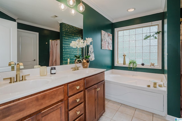 full bath featuring crown molding, a sink, tile patterned flooring, and visible vents