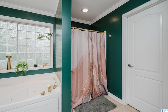 full bathroom featuring a whirlpool tub, tile patterned flooring, and ornamental molding