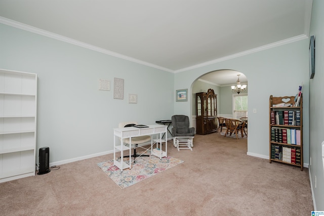 office area with baseboards, an inviting chandelier, ornamental molding, arched walkways, and carpet