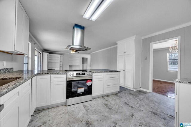 817 Milgray Ln, Bessemer, AL 35022 - kitchen with ornamental molding, stainless steel electric range, white cabinetry, and exhaust hood