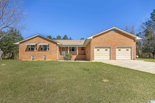 single story home with a garage, brick siding, concrete driveway, and a front lawn