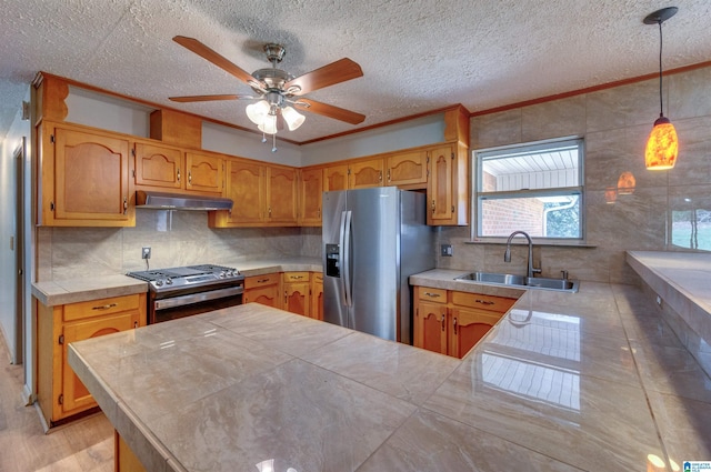 kitchen with a ceiling fan, a peninsula, a sink, under cabinet range hood, and appliances with stainless steel finishes