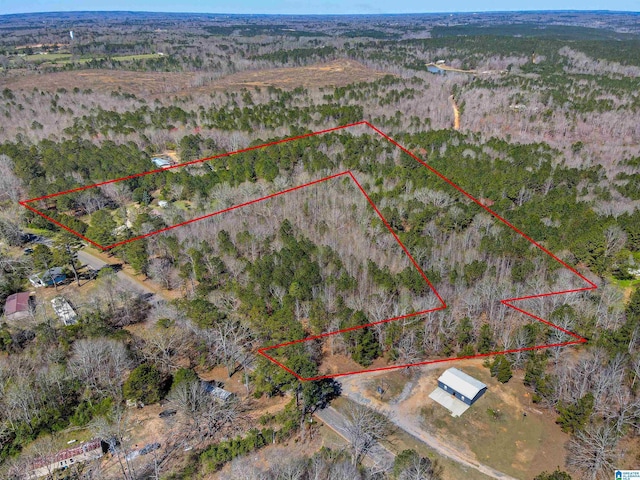 birds eye view of property featuring a wooded view