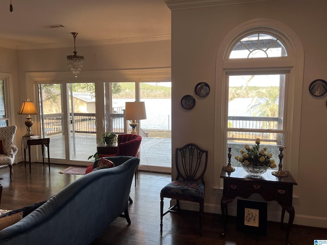 living area featuring baseboards, wood finished floors, a healthy amount of sunlight, and ornamental molding