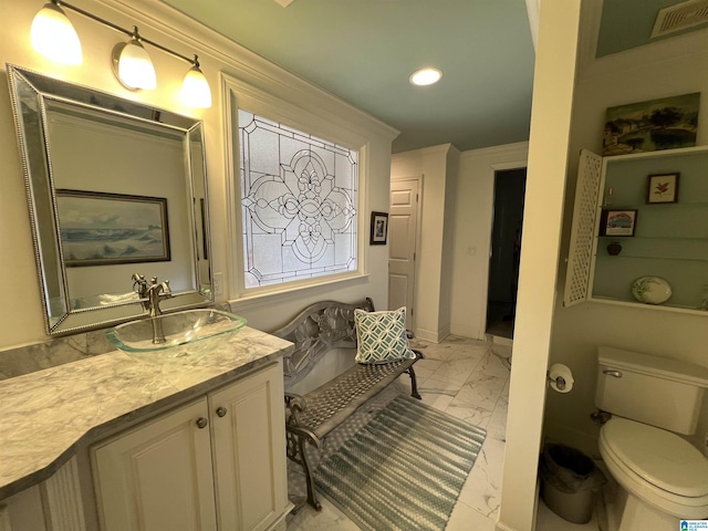full bath featuring visible vents, toilet, marble finish floor, recessed lighting, and vanity