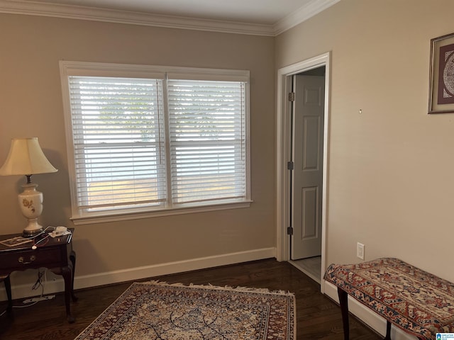 interior space featuring crown molding, dark wood-style floors, and baseboards