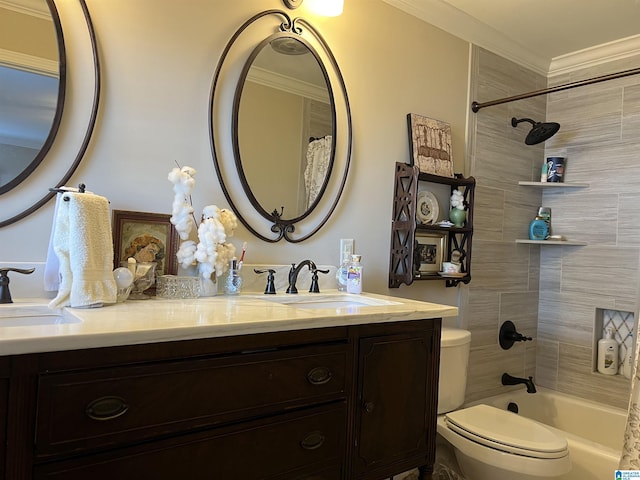 full bathroom featuring toilet, shower / bath combo, vanity, and ornamental molding