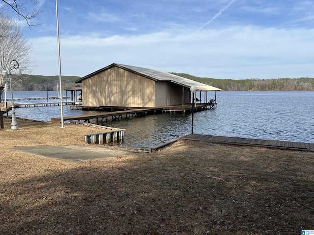 dock area featuring boat lift and a water view