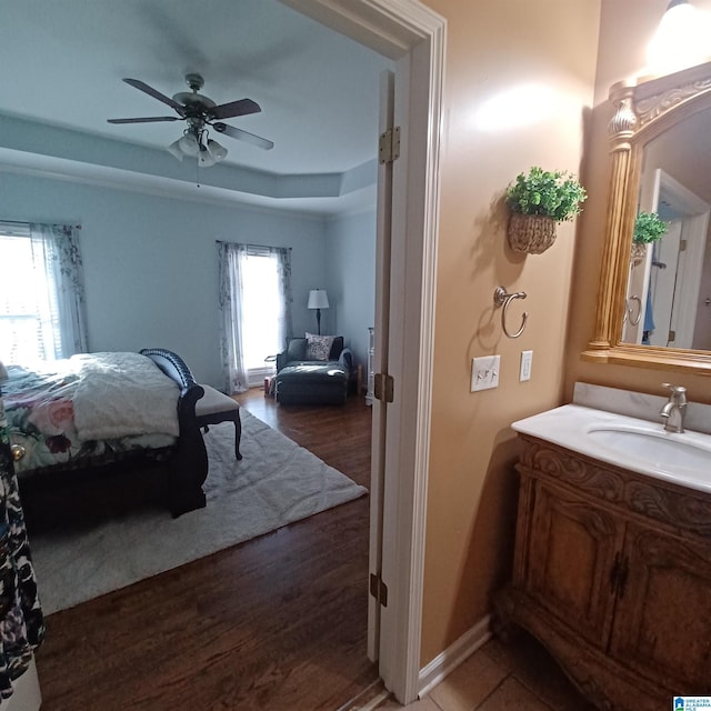 7459 15th Street Rd, Bessemer, AL 35023 - bathroom with a tray ceiling, wood finished floors, baseboards, ceiling fan, and vanity