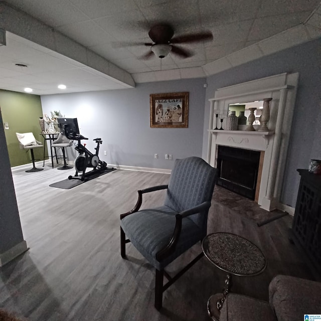 7459 15th Street Rd, Bessemer, AL 35023 - exercise room featuring a ceiling fan, a drop ceiling, wood finished floors, a fireplace, and baseboards