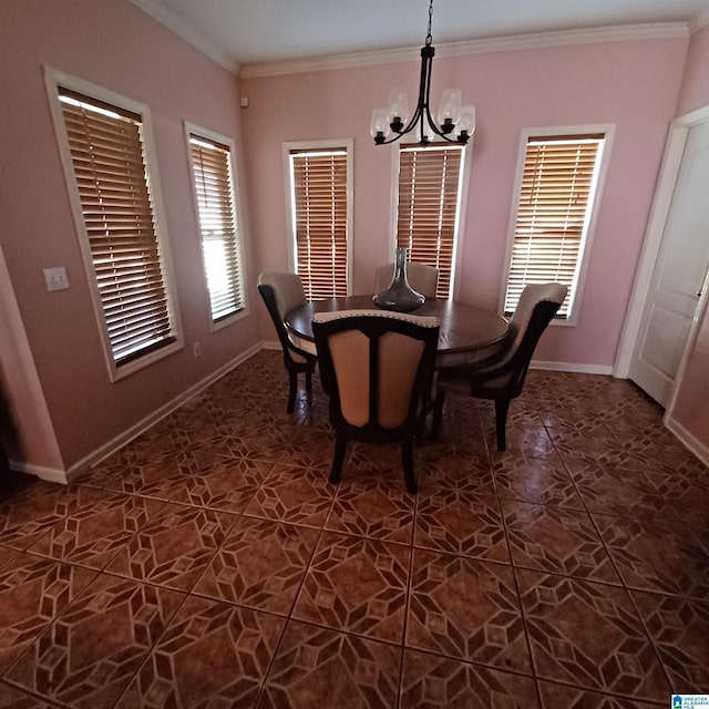 7459 15th Street Rd, Bessemer, AL 35023 - dining area featuring a notable chandelier, crown molding, and baseboards