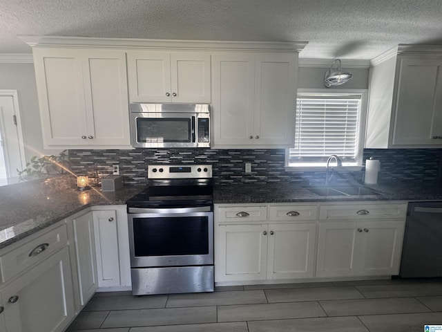 1804 Ragsdale Rd, Cullman, AL 35055 - kitchen with ornamental molding, appliances with stainless steel finishes, white cabinetry, and a sink