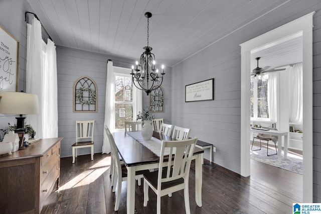 dining space featuring dark wood finished floors, ceiling fan with notable chandelier, and wood ceiling
