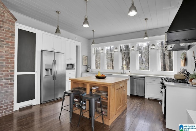 kitchen with a wealth of natural light, exhaust hood, appliances with stainless steel finishes, and butcher block counters
