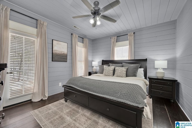 bedroom featuring ceiling fan, visible vents, hardwood / wood-style floors, and wooden ceiling