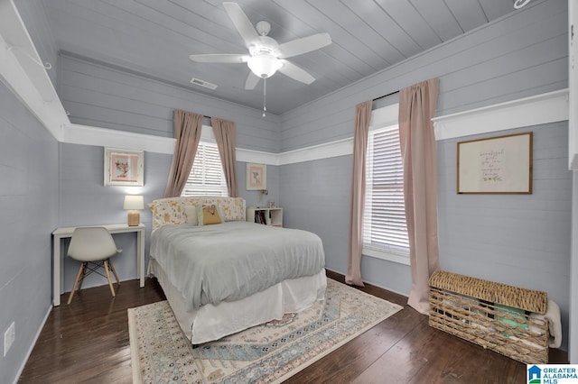 bedroom featuring dark wood-style floors, visible vents, wooden ceiling, and ceiling fan