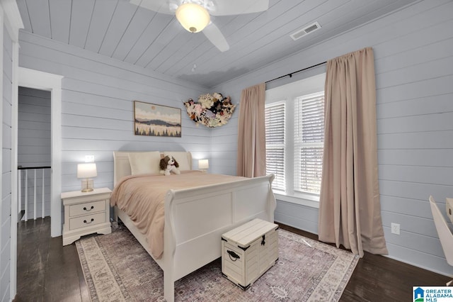 bedroom featuring wood ceiling, wood finished floors, and visible vents