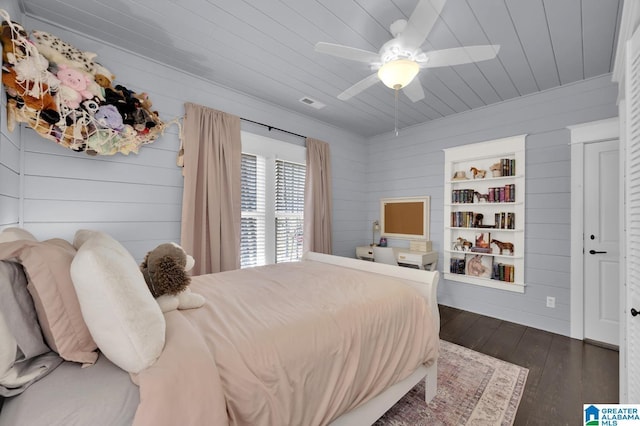 bedroom with visible vents, ceiling fan, dark wood-type flooring, wood walls, and wooden ceiling