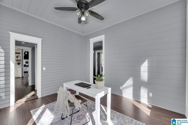 office featuring a ceiling fan and wood finished floors