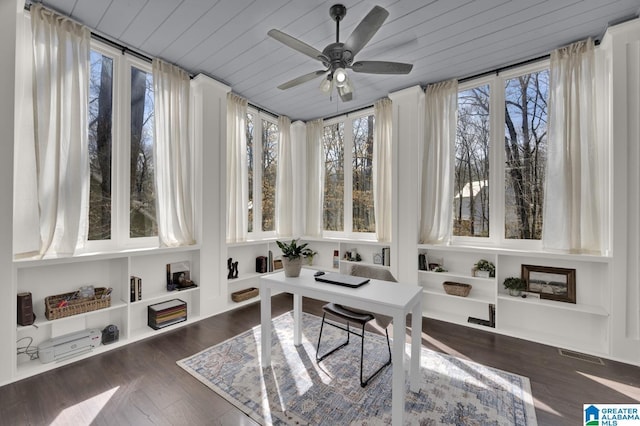 sunroom featuring visible vents, wood ceiling, and wood finished floors