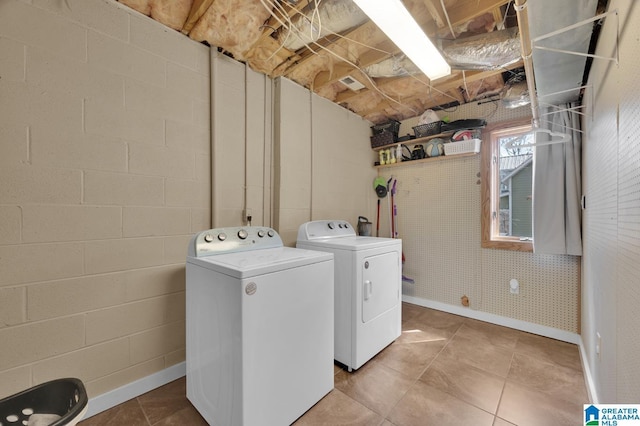 laundry room featuring baseboards, concrete block wall, laundry area, and washing machine and clothes dryer