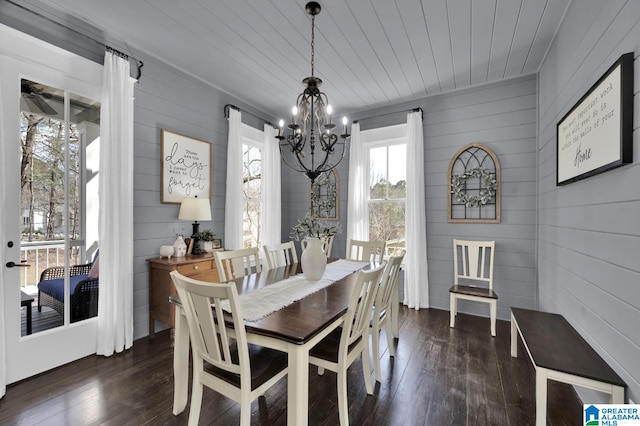 dining area with ceiling fan with notable chandelier, wood ceiling, and dark wood-style flooring