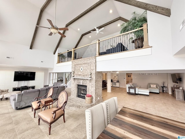 360 Frankies Rd, Vincent, AL 35178 - living area featuring a fireplace, ceiling fan, and beam ceiling