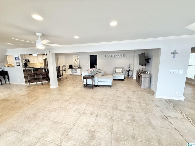 360 Frankies Rd, Vincent, AL 35178 - living area featuring crown molding, recessed lighting, baseboards, light tile patterned flooring, and ceiling fan