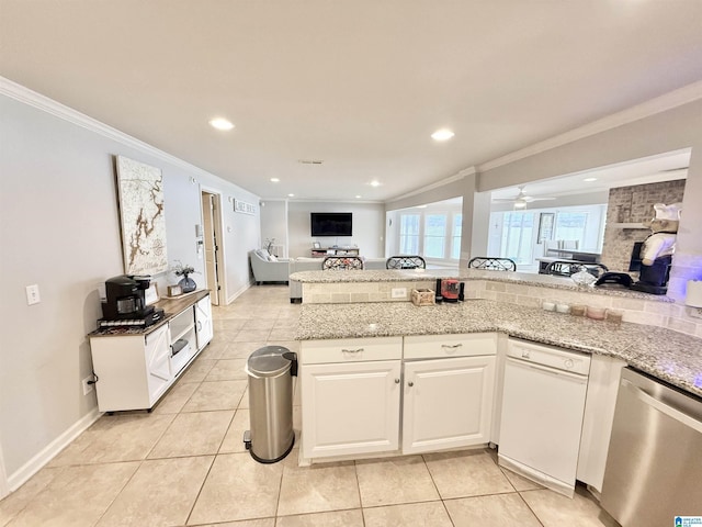 360 Frankies Rd, Vincent, AL 35178 - kitchen featuring open floor plan, white cabinetry, crown molding, dishwasher, and white dishwasher