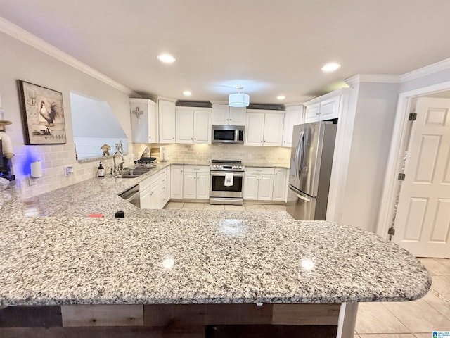 360 Frankies Rd, Vincent, AL 35178 - kitchen with a sink, appliances with stainless steel finishes, a peninsula, and crown molding
