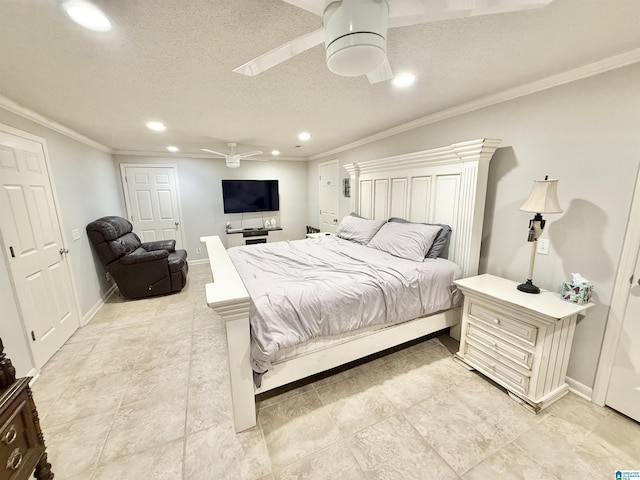 360 Frankies Rd, Vincent, AL 35178 - bedroom with crown molding, a ceiling fan, a textured ceiling, baseboards, and recessed lighting