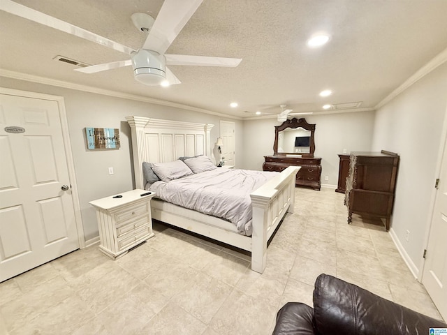 360 Frankies Rd, Vincent, AL 35178 - bedroom featuring baseboards, crown molding, ceiling fan, and a textured ceiling