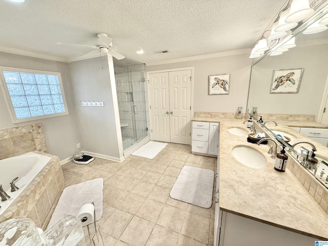360 Frankies Rd, Vincent, AL 35178 - bathroom with a bath, ornamental molding, a ceiling fan, a sink, and a stall shower