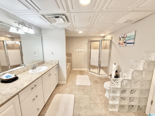 360 Frankies Rd, Vincent, AL 35178 - full bath featuring an ornate ceiling, vanity, a shower stall, a bath, and baseboards