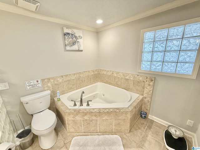 360 Frankies Rd, Vincent, AL 35178 - bathroom featuring tile patterned flooring, toilet, ornamental molding, a jetted tub, and visible vents