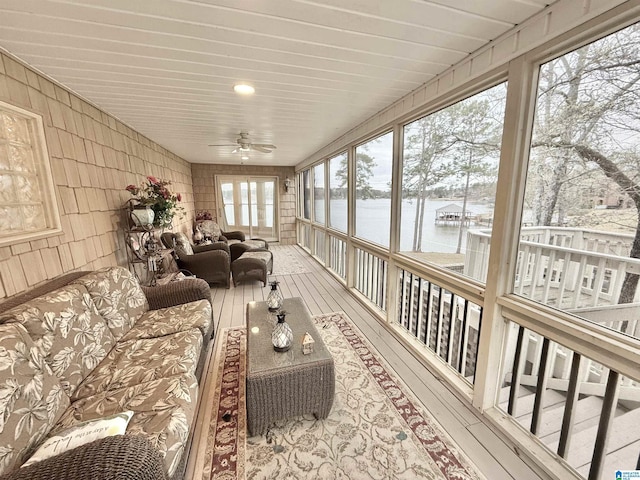 360 Frankies Rd, Vincent, AL 35178 - sunroom / solarium with hardwood / wood-style floors, an outdoor living space, a water view, and a ceiling fan