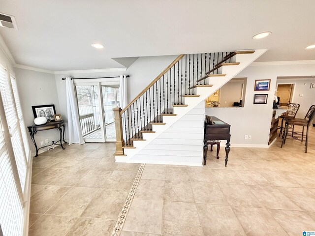 360 Frankies Rd, Vincent, AL 35178 - stairway with baseboards, ornamental molding, visible vents, and recessed lighting