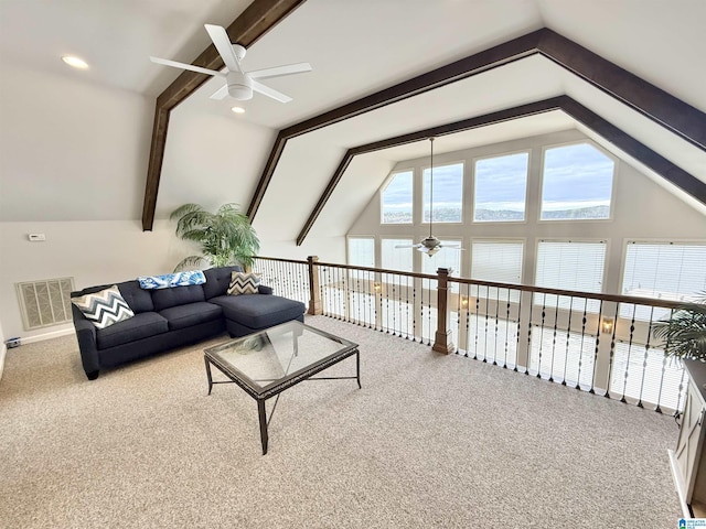 360 Frankies Rd, Vincent, AL 35178 - carpeted living area with a ceiling fan, recessed lighting, lofted ceiling with beams, and visible vents